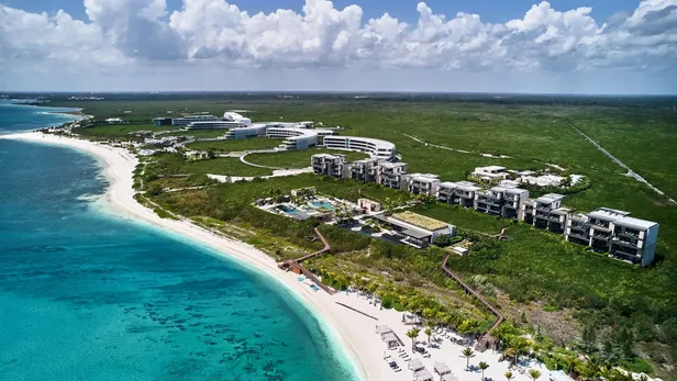 Aerial view of Etéreo along the beach in Playa del Carmen